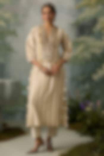 Ivory & Dark Beige Silk Chanderi Embroidered Striped Kurta Set by Sureena Chowdhri at Pernia's Pop Up Shop