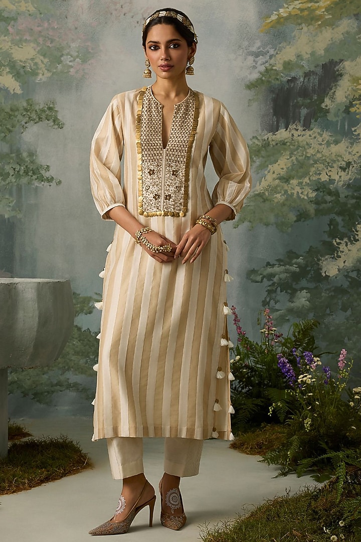 Ivory & Dark Beige Silk Chanderi Embroidered Striped Kurta Set by Sureena Chowdhri at Pernia's Pop Up Shop