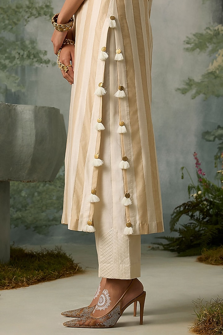 Ivory & Dark Beige Silk Chanderi Embroidered Striped Kurta Set by Sureena Chowdhri at Pernia's Pop Up Shop