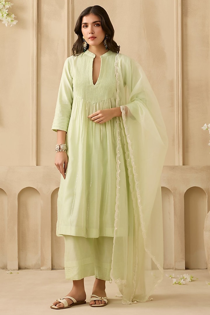 Mint Green Silk Chanderi Pearl Embroidered Kurta Set by Sureena Chowdhri at Pernia's Pop Up Shop