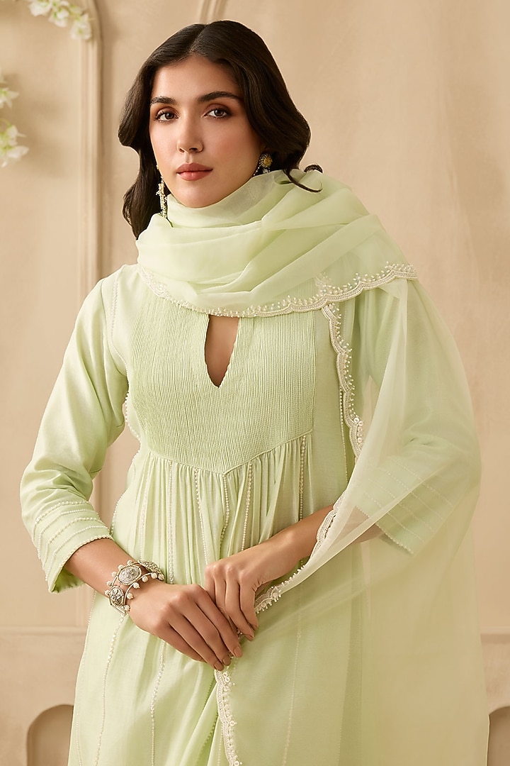 Mint Green Silk Chanderi Pearl Embroidered Kurta Set by Sureena Chowdhri at Pernia's Pop Up Shop