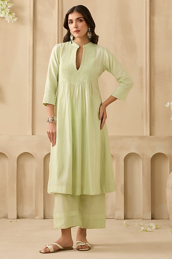 Mint Green Silk Chanderi Pearl Embroidered Kurta Set by Sureena Chowdhri at Pernia's Pop Up Shop