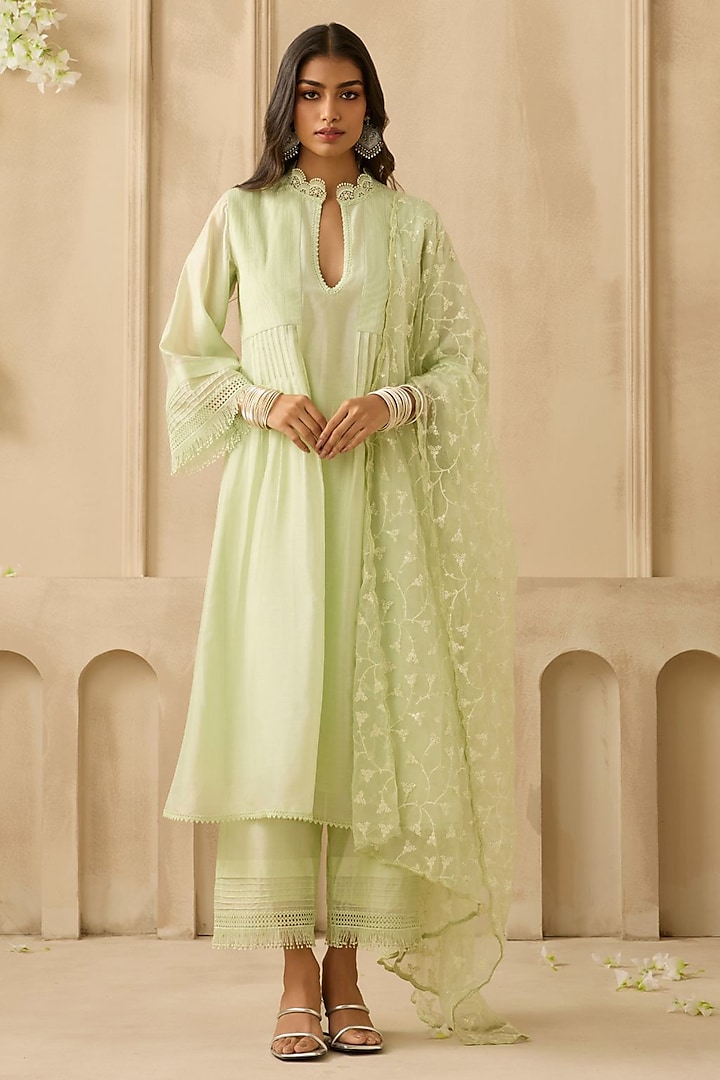 Mint Green Silk Chanderi Embroidered Kurta Set by Sureena Chowdhri at Pernia's Pop Up Shop