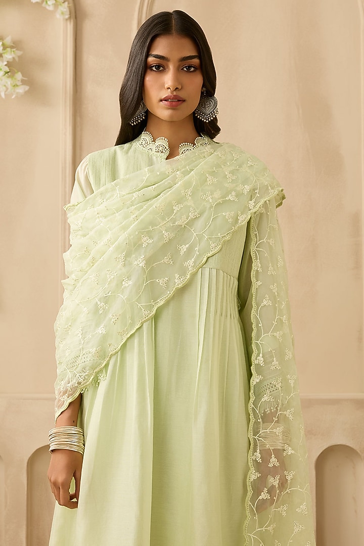 Mint Green Silk Chanderi Embroidered Kurta Set by Sureena Chowdhri at Pernia's Pop Up Shop