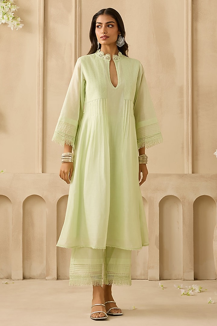 Mint Green Silk Chanderi Embroidered Kurta Set by Sureena Chowdhri at Pernia's Pop Up Shop