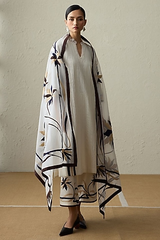 Ivory Silk Chanderi Organza Applique A-Line Kurta Set by Sureena Chowdhri