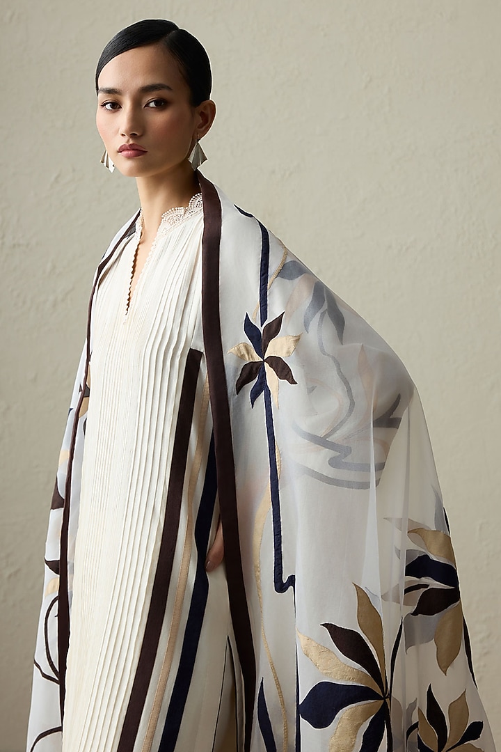 Ivory Silk Chanderi Organza Applique A-Line Kurta Set by Sureena Chowdhri at Pernia's Pop Up Shop