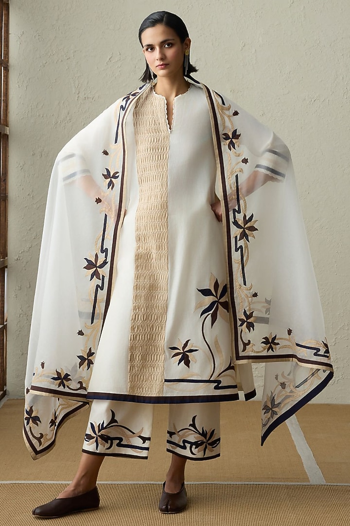 Ivory Silk Chanderi Applique Embroidered A-Line Kurta Set by Sureena Chowdhri at Pernia's Pop Up Shop