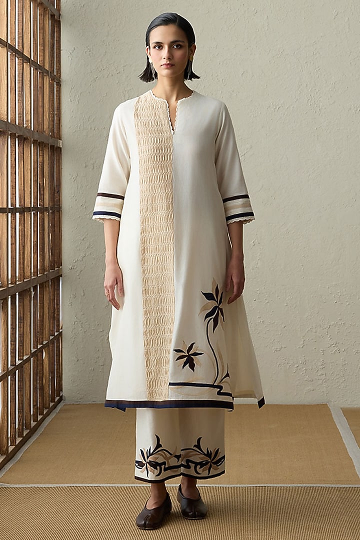 Ivory Silk Chanderi Applique Embroidered A-Line Kurta Set by Sureena Chowdhri at Pernia's Pop Up Shop