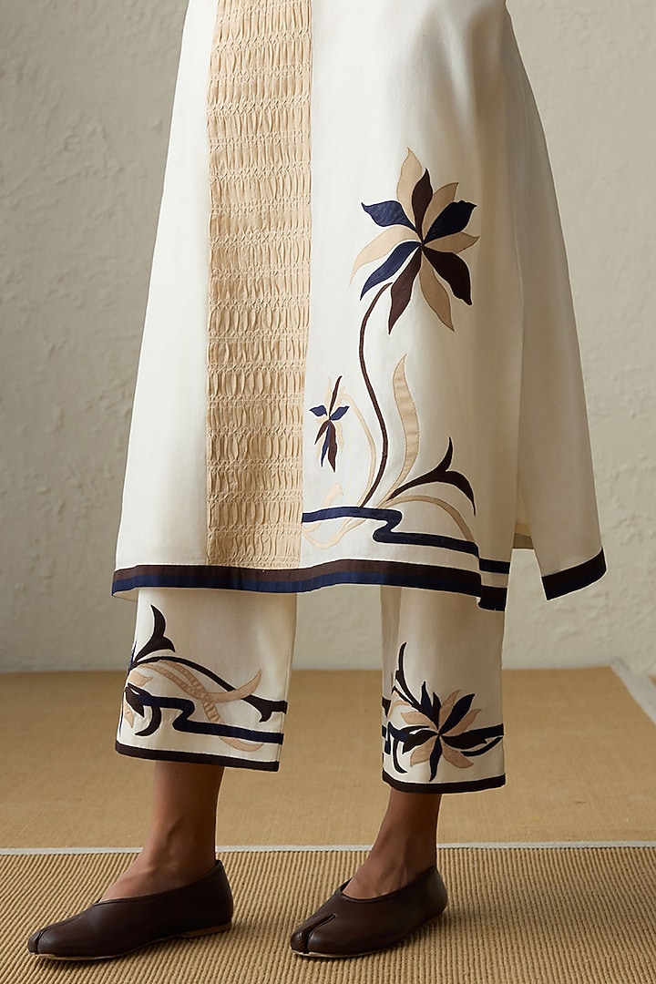 Ivory Silk Chanderi Applique Embroidered A-Line Kurta Set by Sureena Chowdhri at Pernia's Pop Up Shop