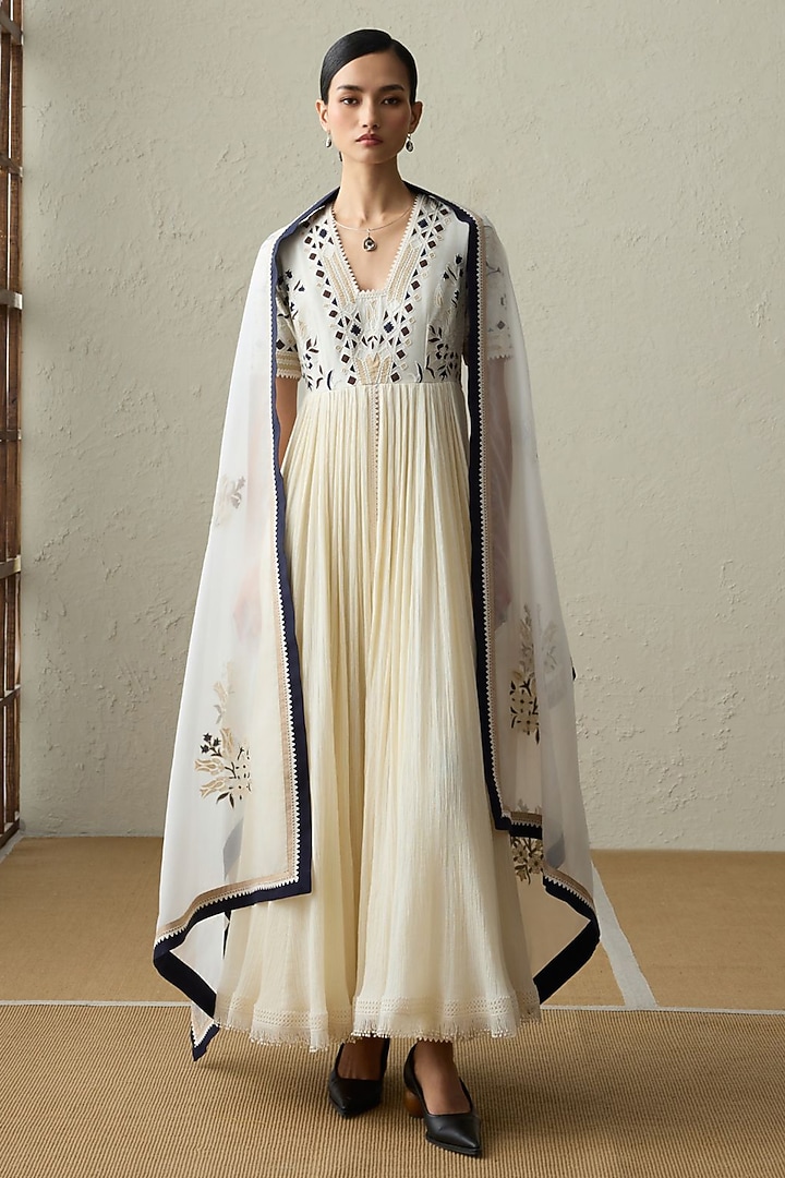 Ivory Cotton Gauze Thread Work Wedding Anarkali Set by Sureena Chowdhri at Pernia's Pop Up Shop