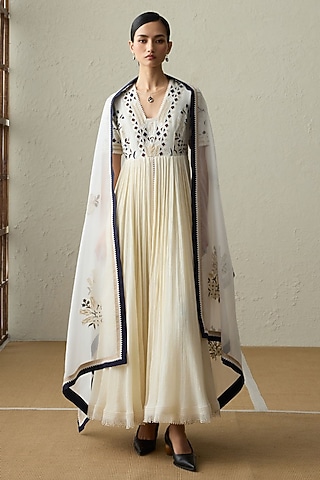 Ivory Cotton Gauze Thread Work Anarkali Set by Sureena Chowdhri