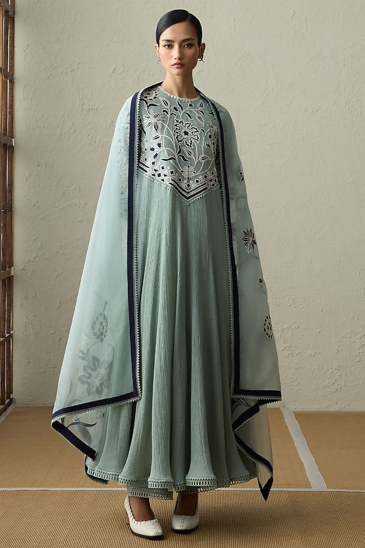Sea Green Cotton Gauze Applique Wedding Anarkali Set by Sureena Chowdhri at Pernia's Pop Up Shop