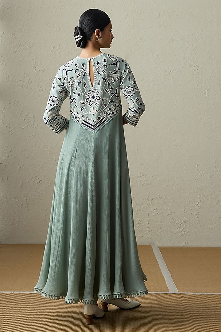 Sea Green Cotton Gauze Applique Wedding Anarkali Set by Sureena Chowdhri at Pernia's Pop Up Shop