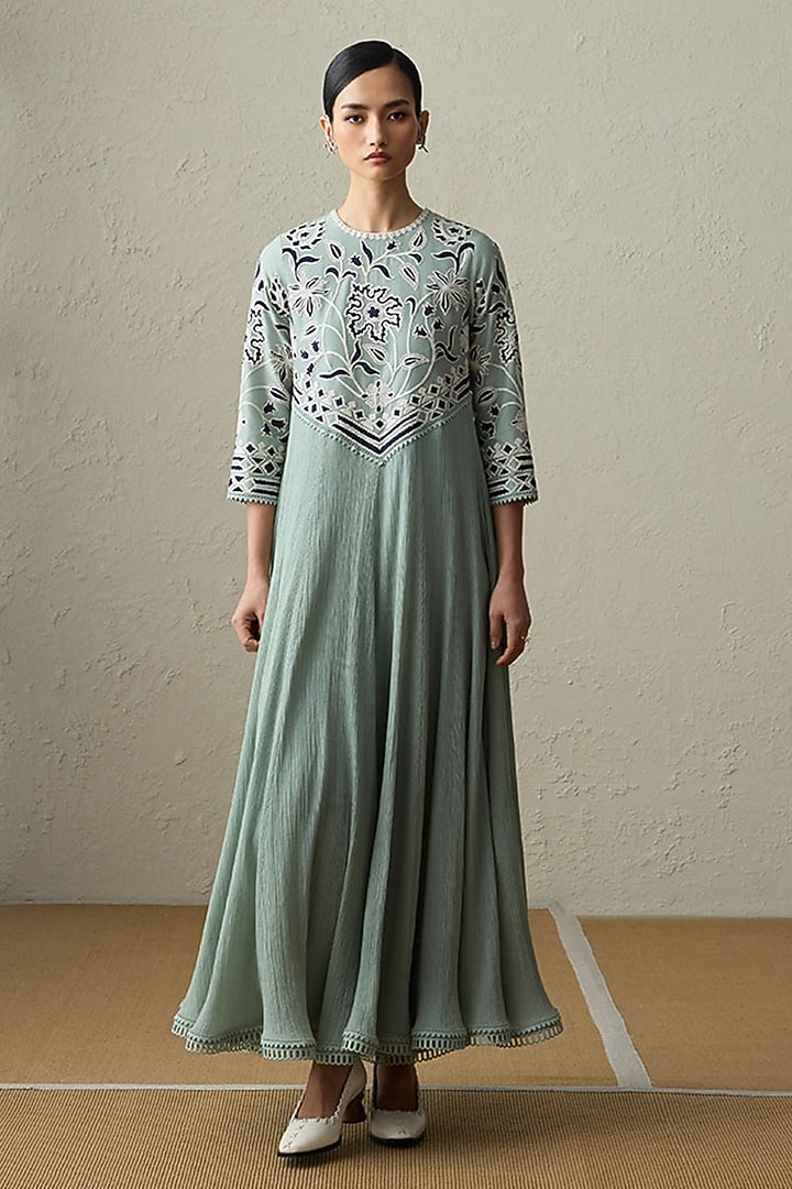 Sea Green Cotton Gauze Applique Wedding Anarkali Set by Sureena Chowdhri at Pernia's Pop Up Shop