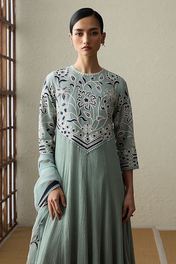 Sea Green Cotton Gauze Applique Wedding Anarkali Set by Sureena Chowdhri at Pernia's Pop Up Shop