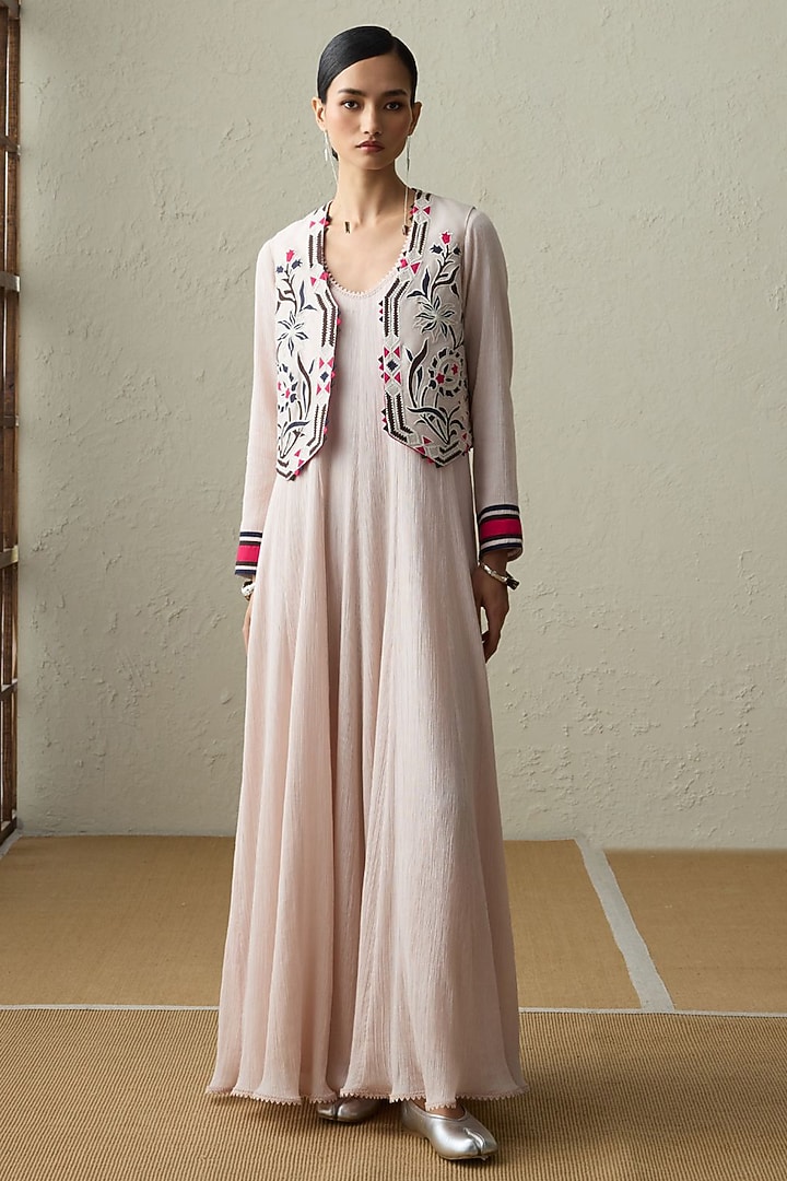Baby Pink Cotton Gauze Applique Work Party Wear Anarkali Set by Sureena Chowdhri at Pernia's Pop Up Shop