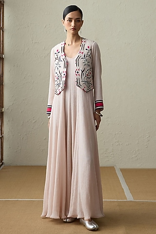 Baby Pink Cotton Gauze Applique Work Anarkali Set by Sureena Chowdhri