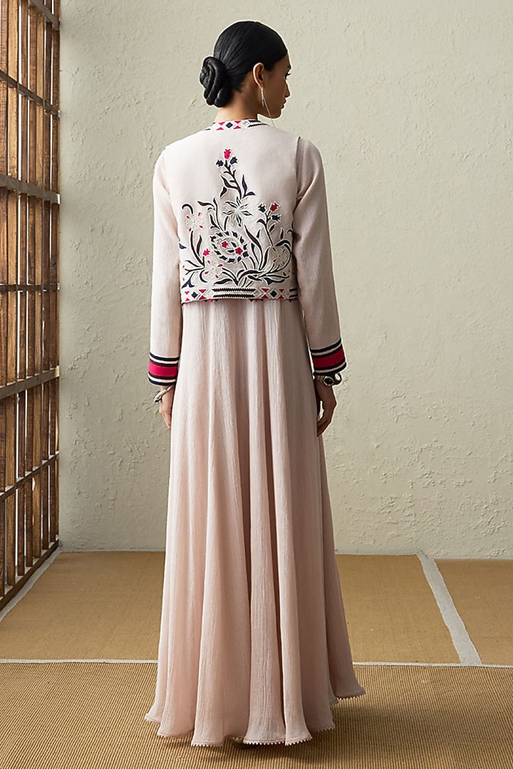 Baby Pink Cotton Gauze Applique Work Party Wear Anarkali Set by Sureena Chowdhri at Pernia's Pop Up Shop