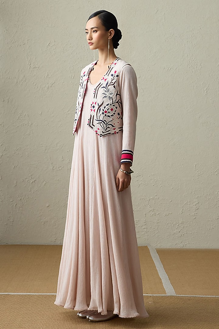 Baby Pink Cotton Gauze Applique Work Party Wear Anarkali Set by Sureena Chowdhri at Pernia's Pop Up Shop