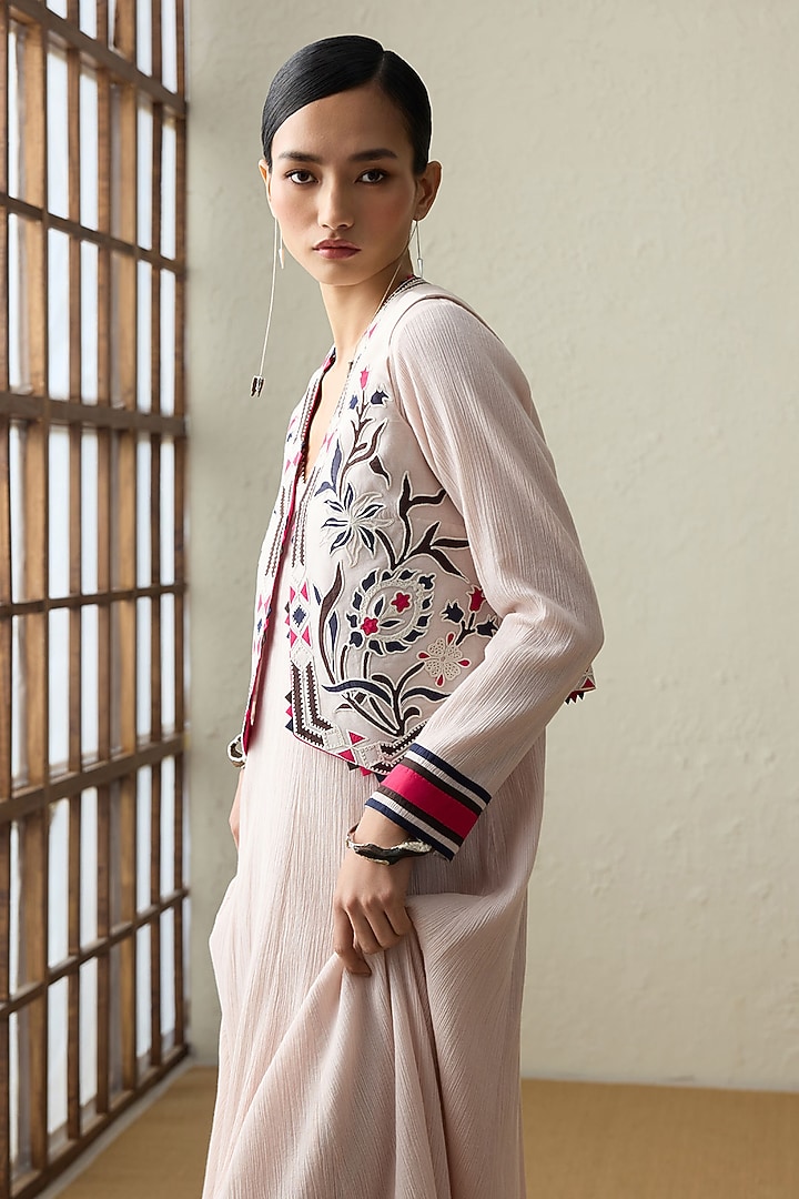Baby Pink Cotton Gauze Applique Work Party Wear Anarkali Set by Sureena Chowdhri at Pernia's Pop Up Shop