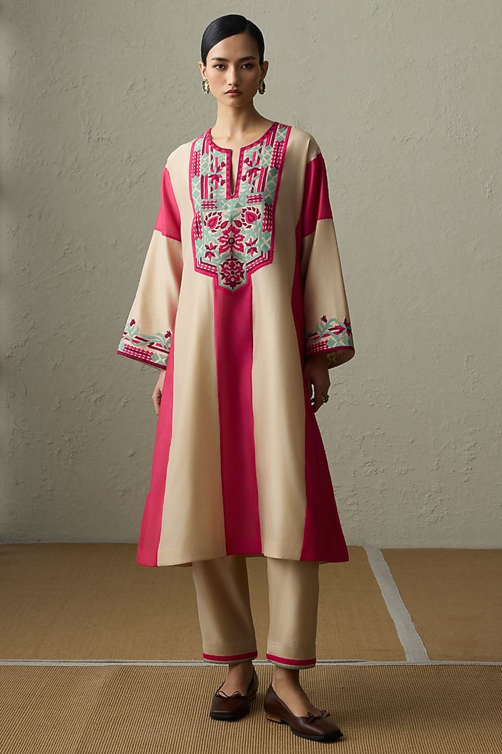 Dark Beige & Magenta Silk Chanderi A-Line Kurta Set by Sureena Chowdhri at Pernia's Pop Up Shop