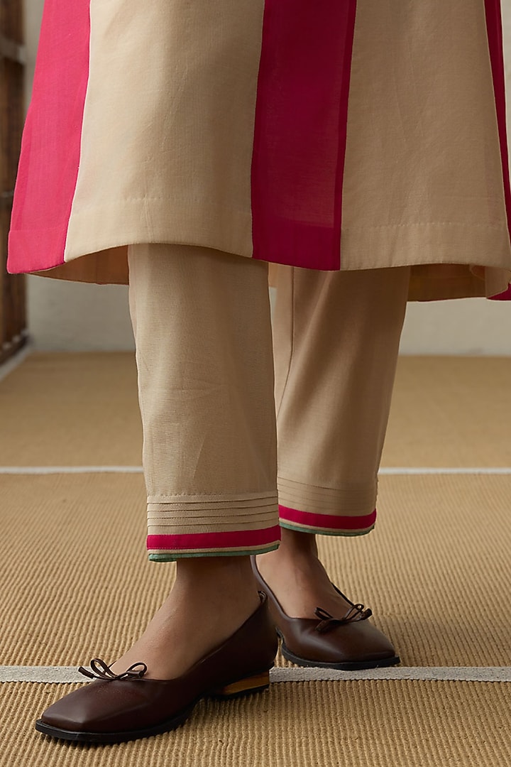 Dark Beige & Magenta Silk Chanderi A-Line Kurta Set by Sureena Chowdhri at Pernia's Pop Up Shop