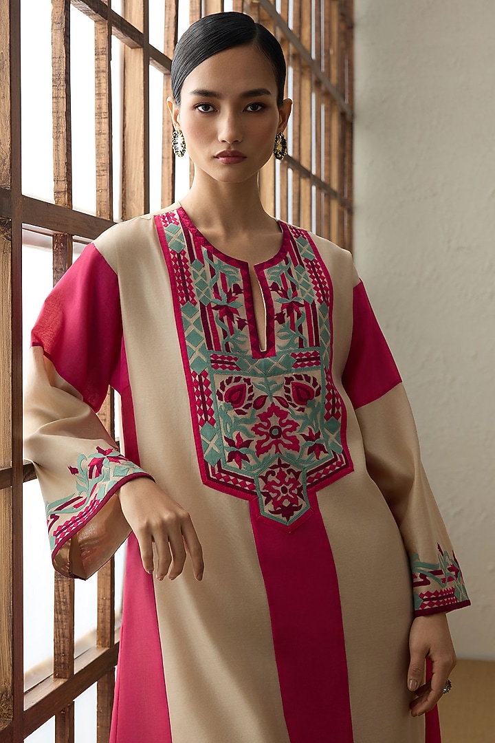 Dark Beige & Magenta Silk Chanderi A-Line Kurta Set by Sureena Chowdhri at Pernia's Pop Up Shop