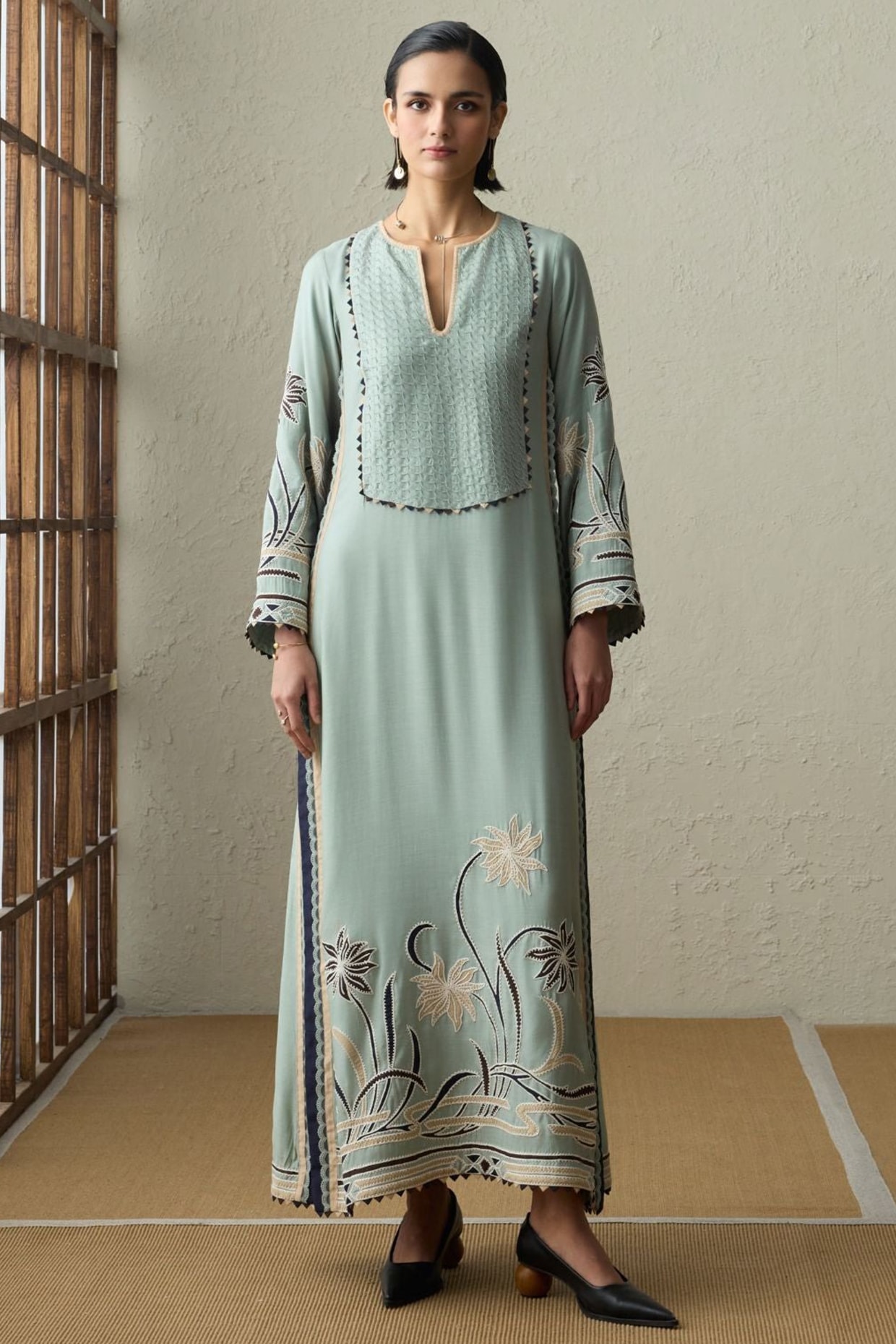 Sureena Chowdhri Sea Green Muslin Applique & Threadwork Kaftan