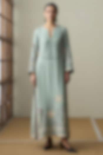 Sea Green Muslin Applique & Threadwork Kaftan by Sureena Chowdhri at Pernia's Pop Up Shop