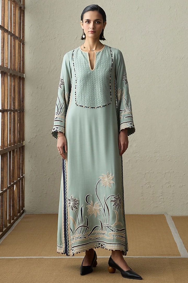 Sea Green Muslin Applique & Threadwork Kaftan by Sureena Chowdhri at Pernia's Pop Up Shop