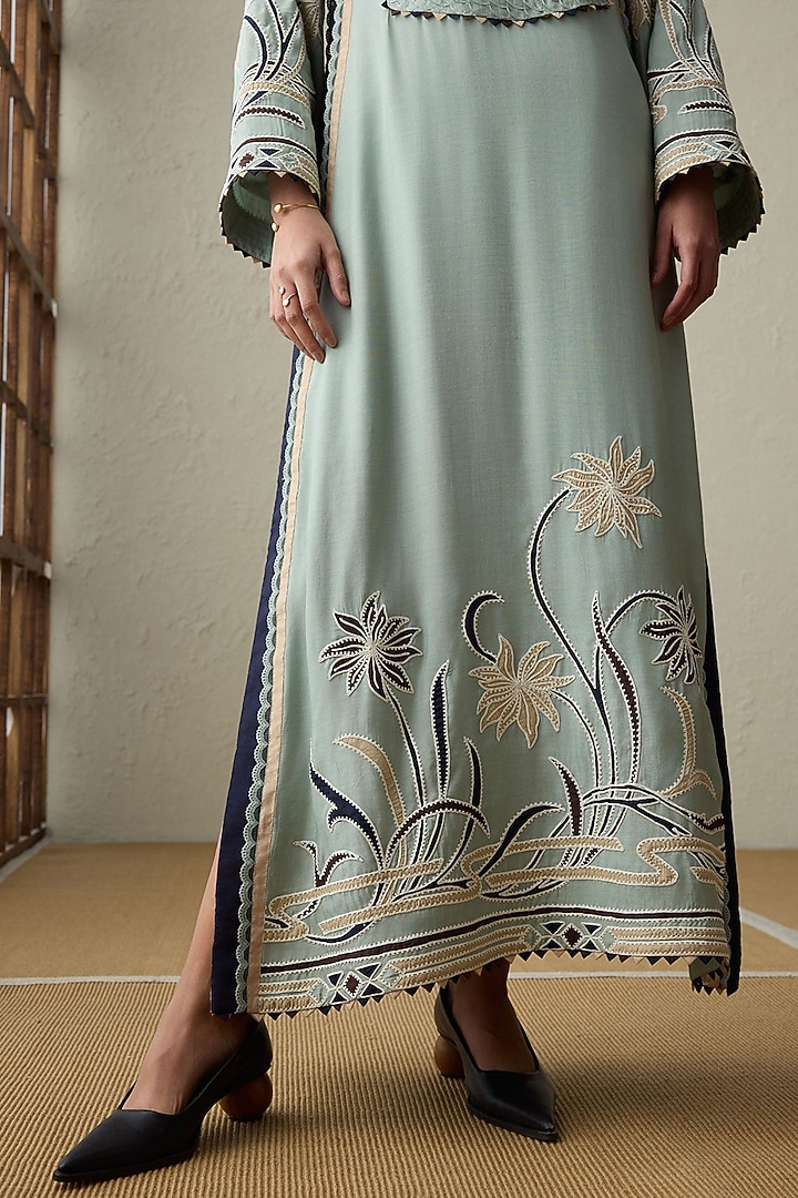 Sea Green Muslin Applique & Threadwork Kaftan by Sureena Chowdhri at Pernia's Pop Up Shop