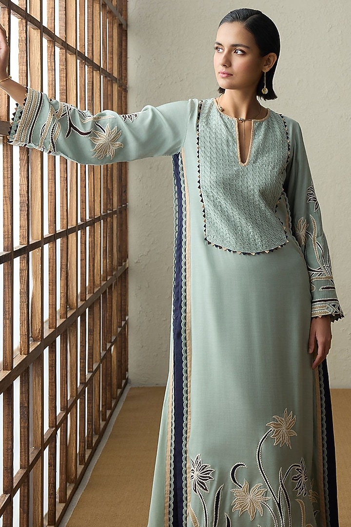 Sea Green Muslin Applique & Threadwork Kaftan by Sureena Chowdhri at Pernia's Pop Up Shop