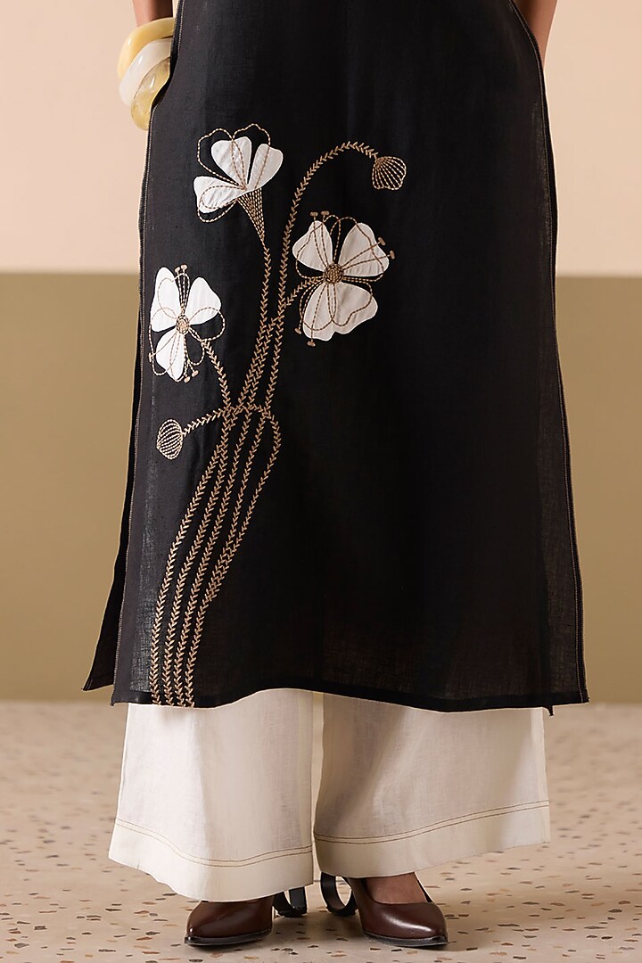 Black Linen Applique Work A-Line Kurta Set by Sureena Chowdhri at Pernia's Pop Up Shop
