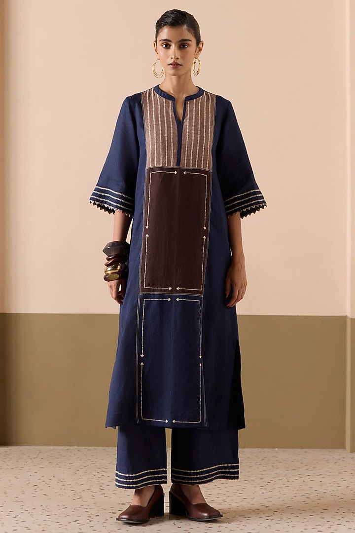Navy Blue Linen Thread Work Straight Kurta Set by Sureena Chowdhri at Pernia's Pop Up Shop
