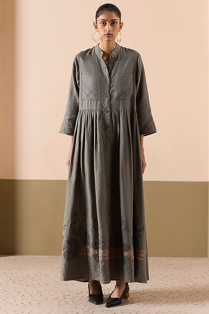 Sage Green Linen Applique Work Maxi Summer Dress by Sureena Chowdhri at Pernia's Pop Up Shop