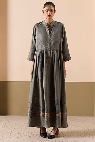 Sage Green Linen Applique Work Maxi Dress by Sureena Chowdhri