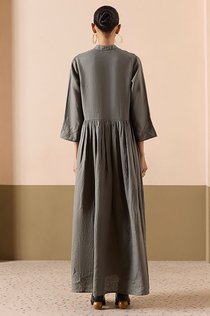 Sage Green Linen Applique Work Maxi Summer Dress by Sureena Chowdhri at Pernia's Pop Up Shop