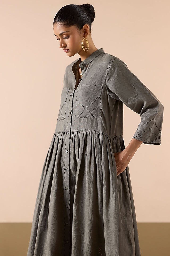 Sage Green Linen Applique Work Maxi Summer Dress by Sureena Chowdhri at Pernia's Pop Up Shop