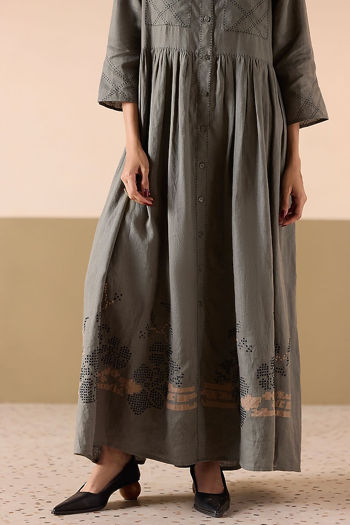 Sage Green Linen Applique Work Maxi Summer Dress by Sureena Chowdhri at Pernia's Pop Up Shop