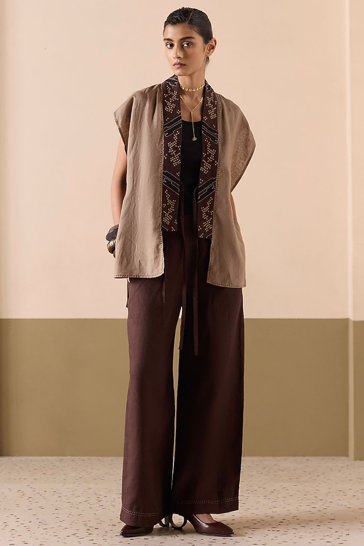 Brown & Sand Linen Applique Work Co-Ord Set by Sureena Chowdhri at Pernia's Pop Up Shop