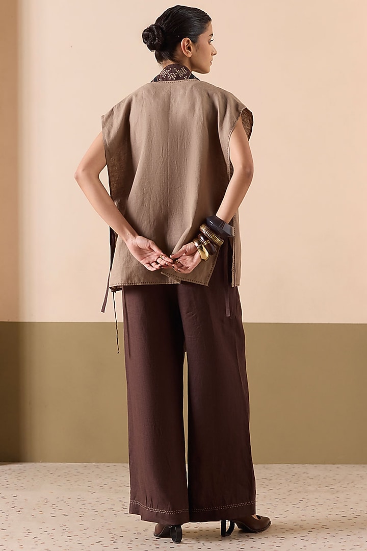 Brown & Sand Linen Applique Work Co-Ord Set by Sureena Chowdhri at Pernia's Pop Up Shop