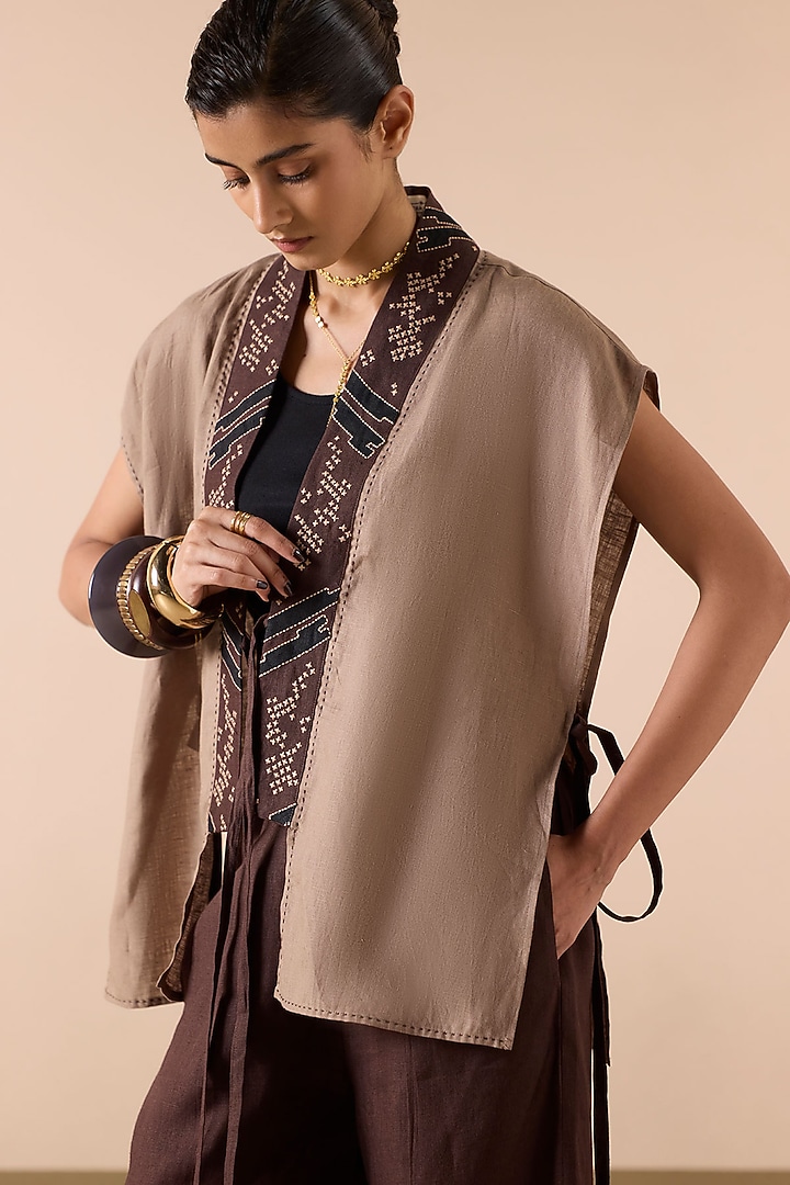 Brown & Sand Linen Applique Work Co-Ord Set by Sureena Chowdhri at Pernia's Pop Up Shop