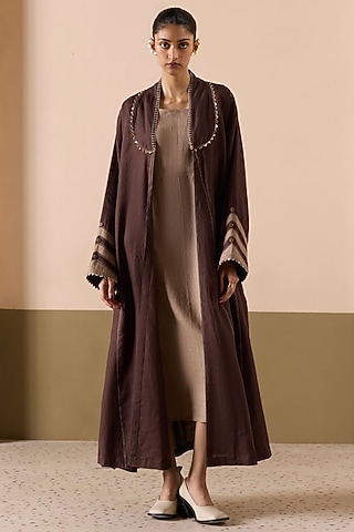 Brown & Sand Linen Abaya Dress by Sureena Chowdhri