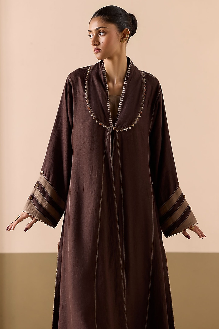 Brown & Sand Linen Abaya Vacation Dress by Sureena Chowdhri at Pernia's Pop Up Shop