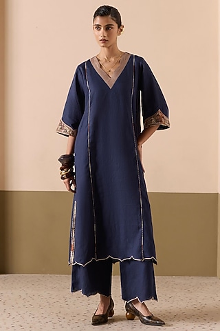 Navy Linen Applique & Work Kurta Set by Sureena Chowdhri