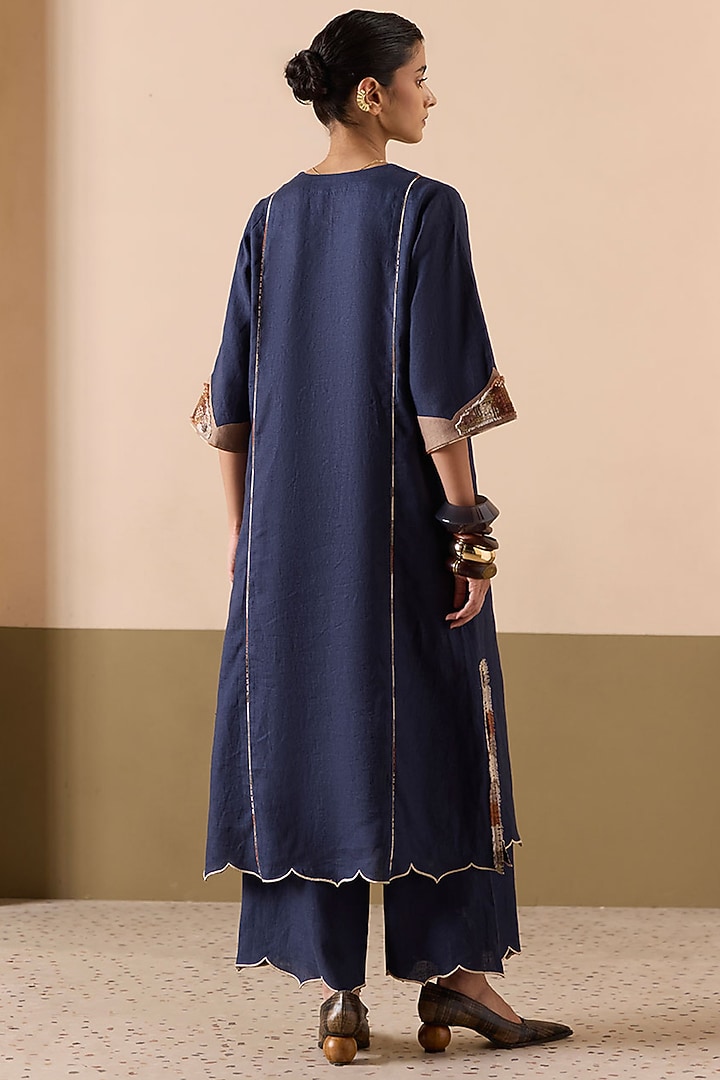 Navy Linen Applique & Work Kurta Set by Sureena Chowdhri at Pernia's Pop Up Shop