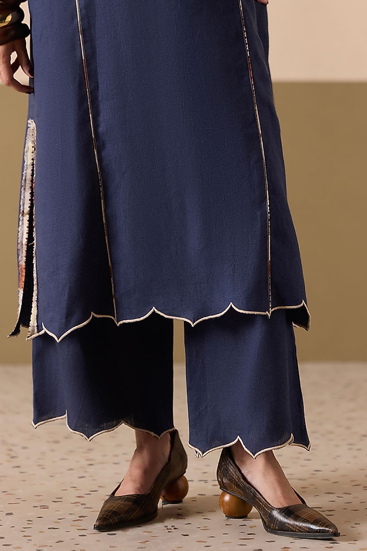 Navy Linen Applique & Work Kurta Set by Sureena Chowdhri at Pernia's Pop Up Shop