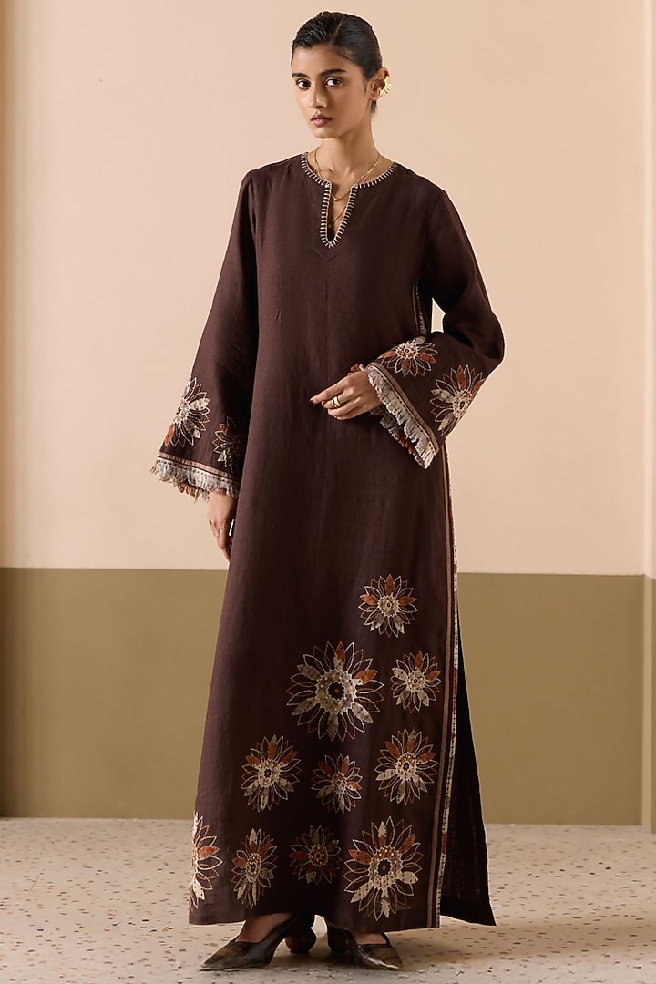 Brown Linen Applique & Thread Work Kaftan by Sureena Chowdhri at Pernia's Pop Up Shop