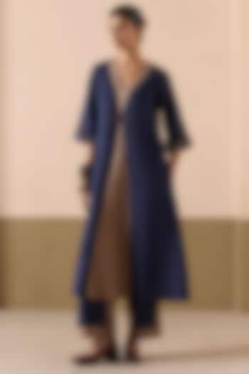 Navy Linen Patchwork A-Line Kurta Set by Sureena Chowdhri at Pernia's Pop Up Shop